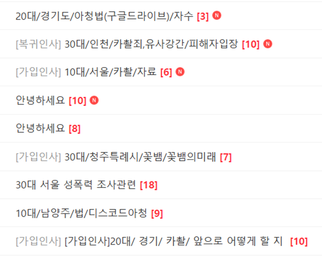 성전카페 가입인사 게시판의 게시글 목록과 댓글 수