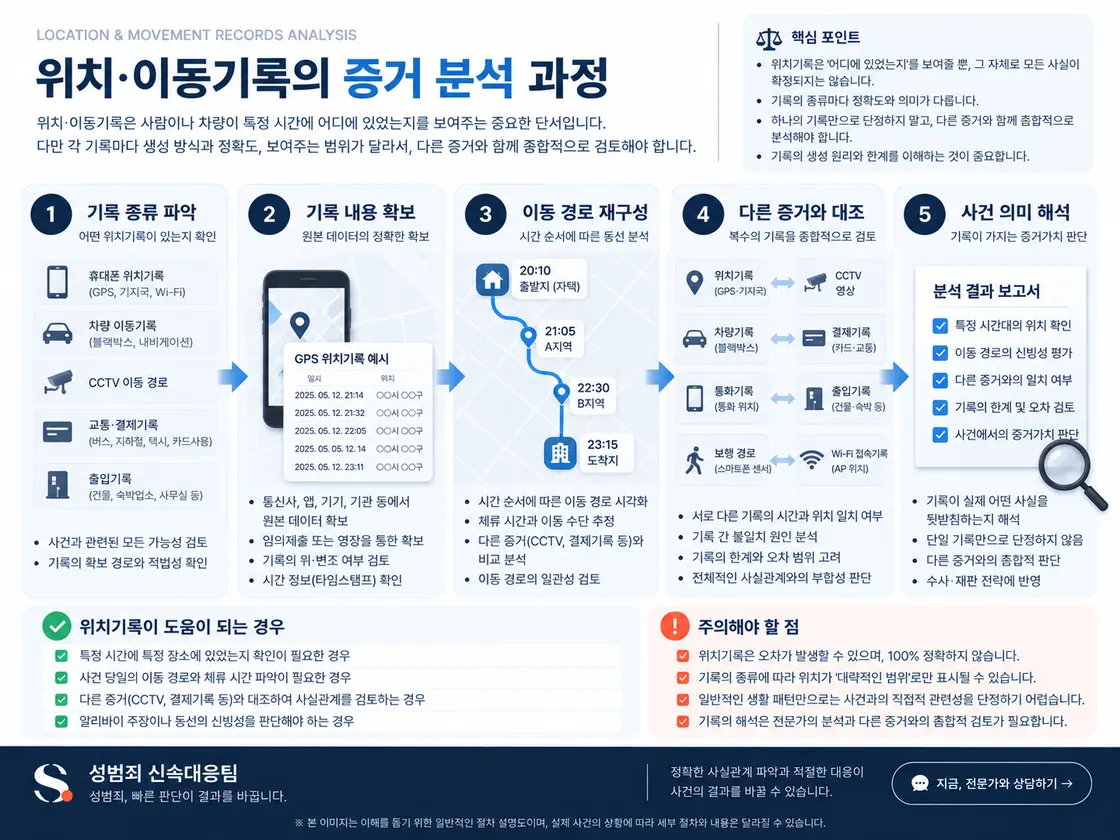 GPS·CCTV·출입·결제 등 위치와 이동기록을 시간순으로 맞춰 동선을 재구성하고 교차확인하는 과정을 정리한 도식