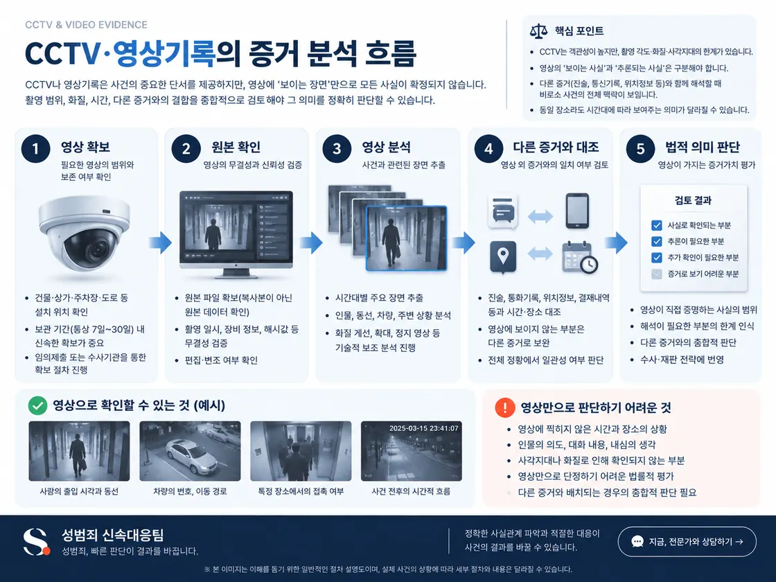 CCTV와 영상기록을 확보하고 원본과 시간정보를 확인한 뒤 다른 증거와 대조해 의미를 판단하는 과정을 정리한 도식