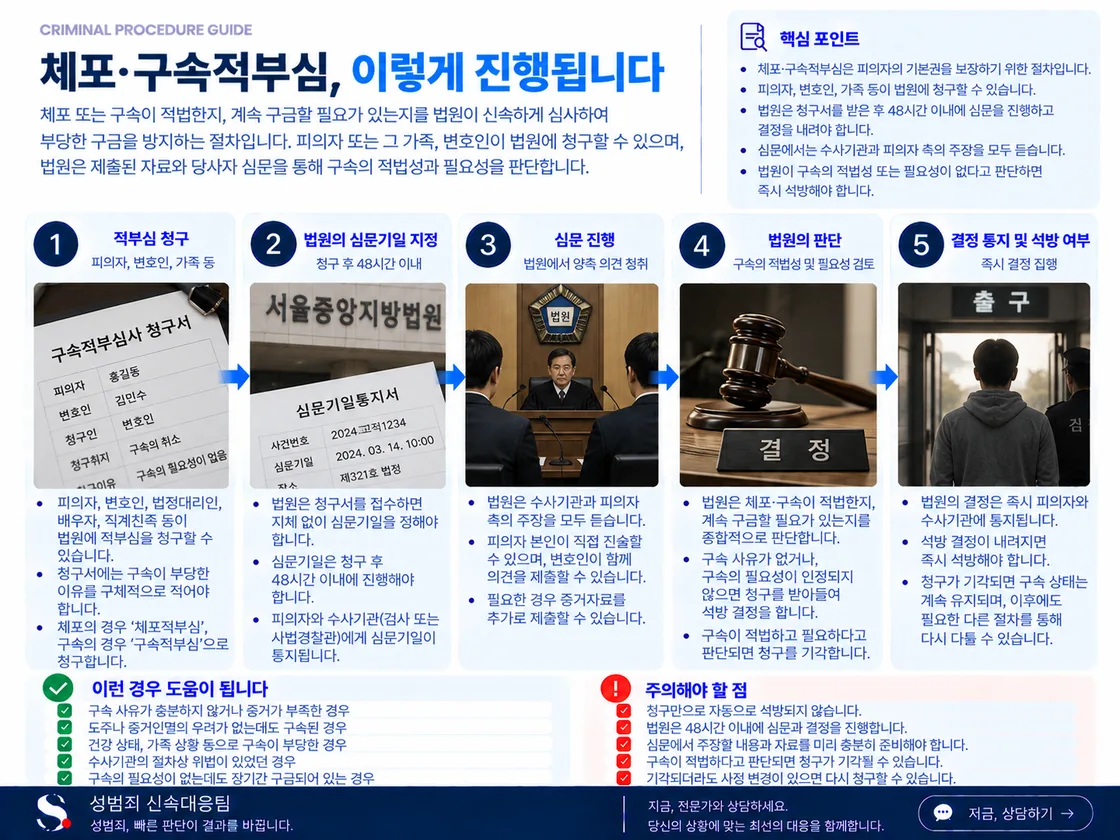 이미 체포·구속된 피의자가 적부심을 청구하고 법원이 적법성·필요성을 다시 심사해 기각·석방·조건부 석방으로 나누는 구조를 정리한 도식