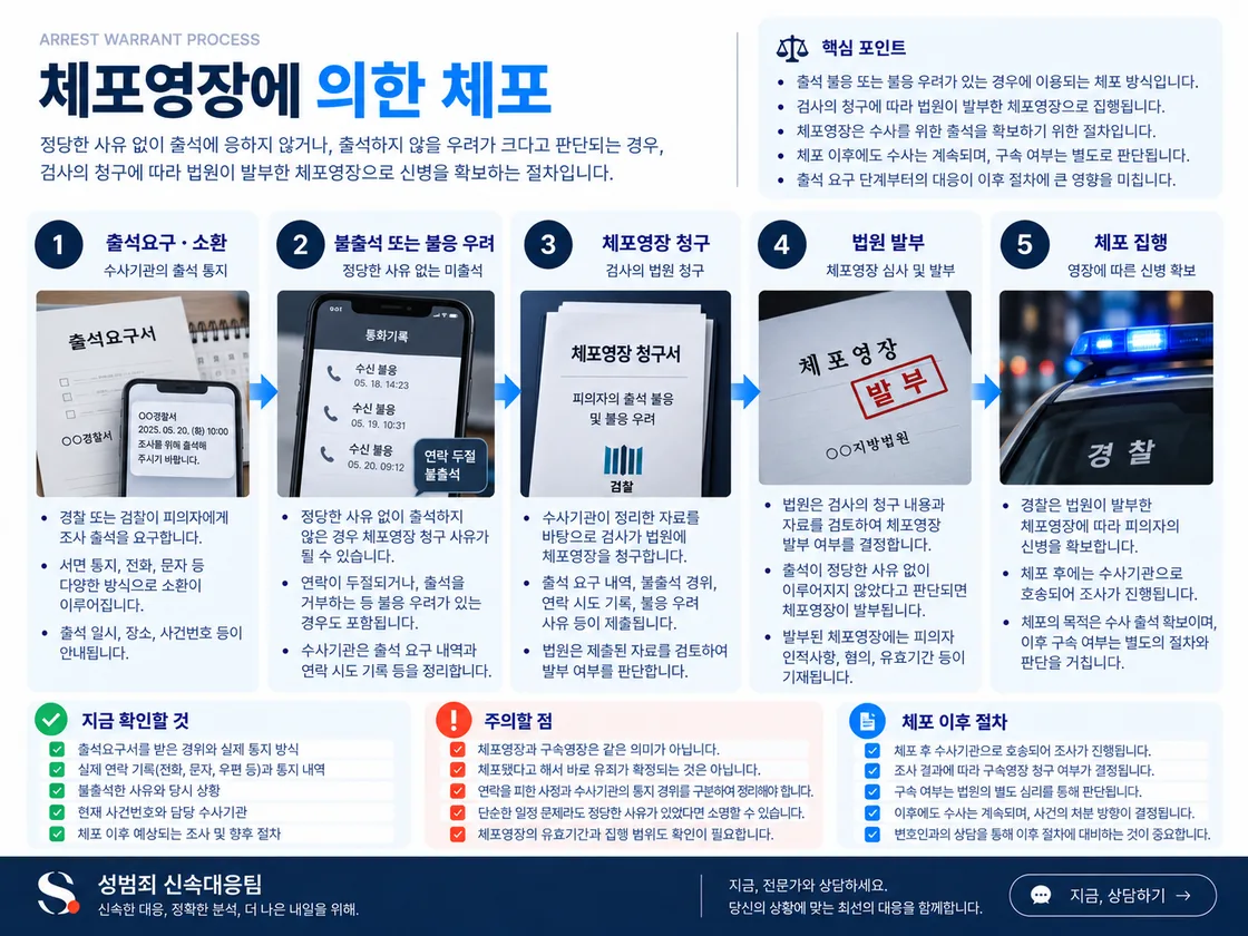 출석 불응·불응 우려 등 체포 필요성 검토에서 법원의 체포영장 발부, 영장 제시와 체포 뒤 후속 절차까지 정리한 도식