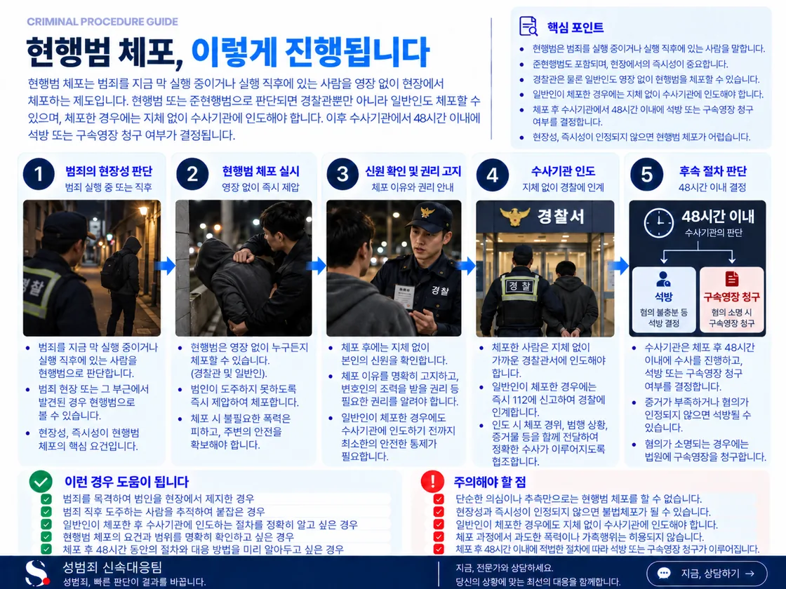 범죄 실행 중·직후의 현행성과 현장 단서를 기준으로 영장 없이 체포하고 수사기관 인도 뒤 48시간 신병절차로 이어지는 흐름을 정리한 도식