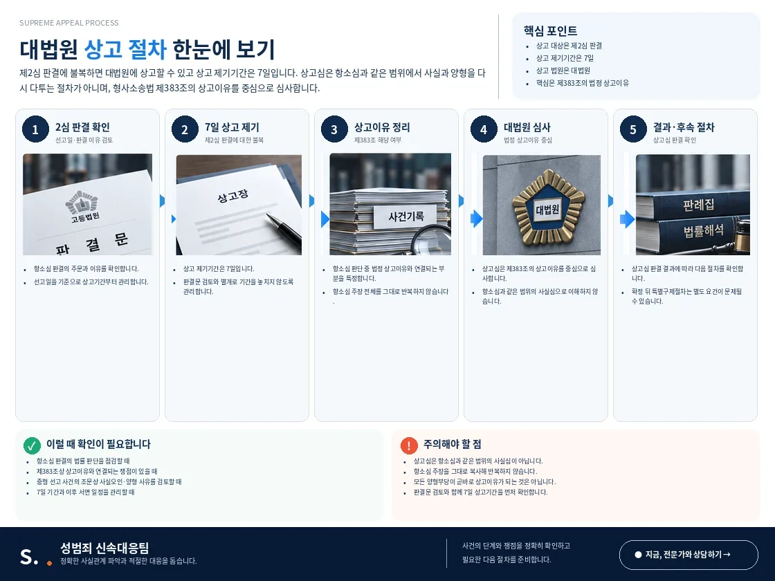 제2심 판결 확인부터 7일 상고 제기, 법정 상고이유 정리, 대법원 심사와 후속 절차 확인까지를 정리한 도식